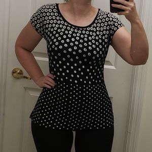 B.L.E.U. BLEU PM Woman's Black Short Sleeve Shirt Top Blouse With White Dots